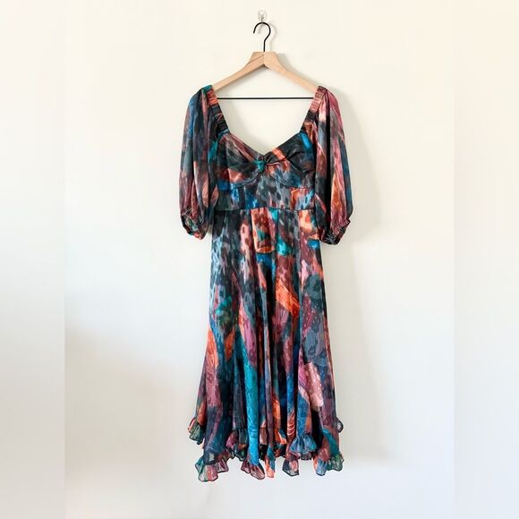 Hutch Anthropologie Long Sleeve Midi Dress in Blue Orange Abstract Print 2P - Picture 3 of 10